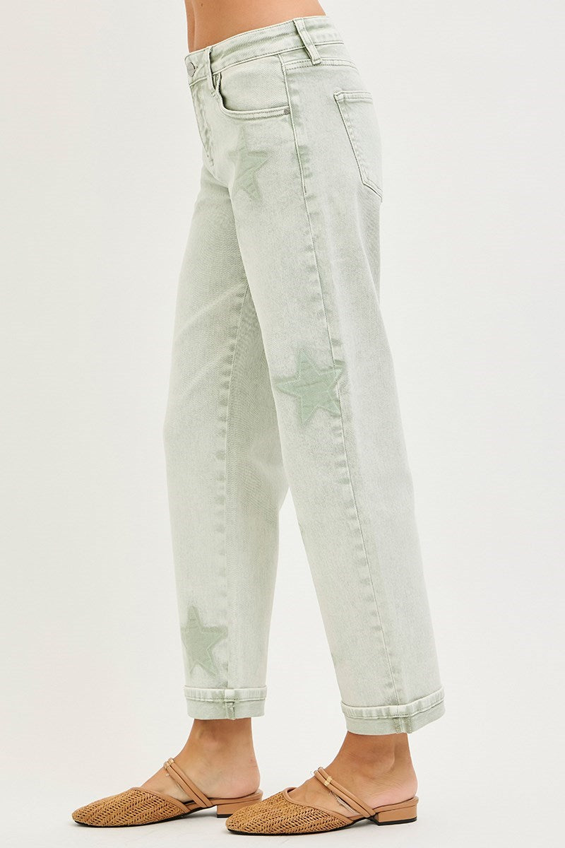 Risen Green Washed Star Stretchy Slim Barrel Boyfriend Jeans