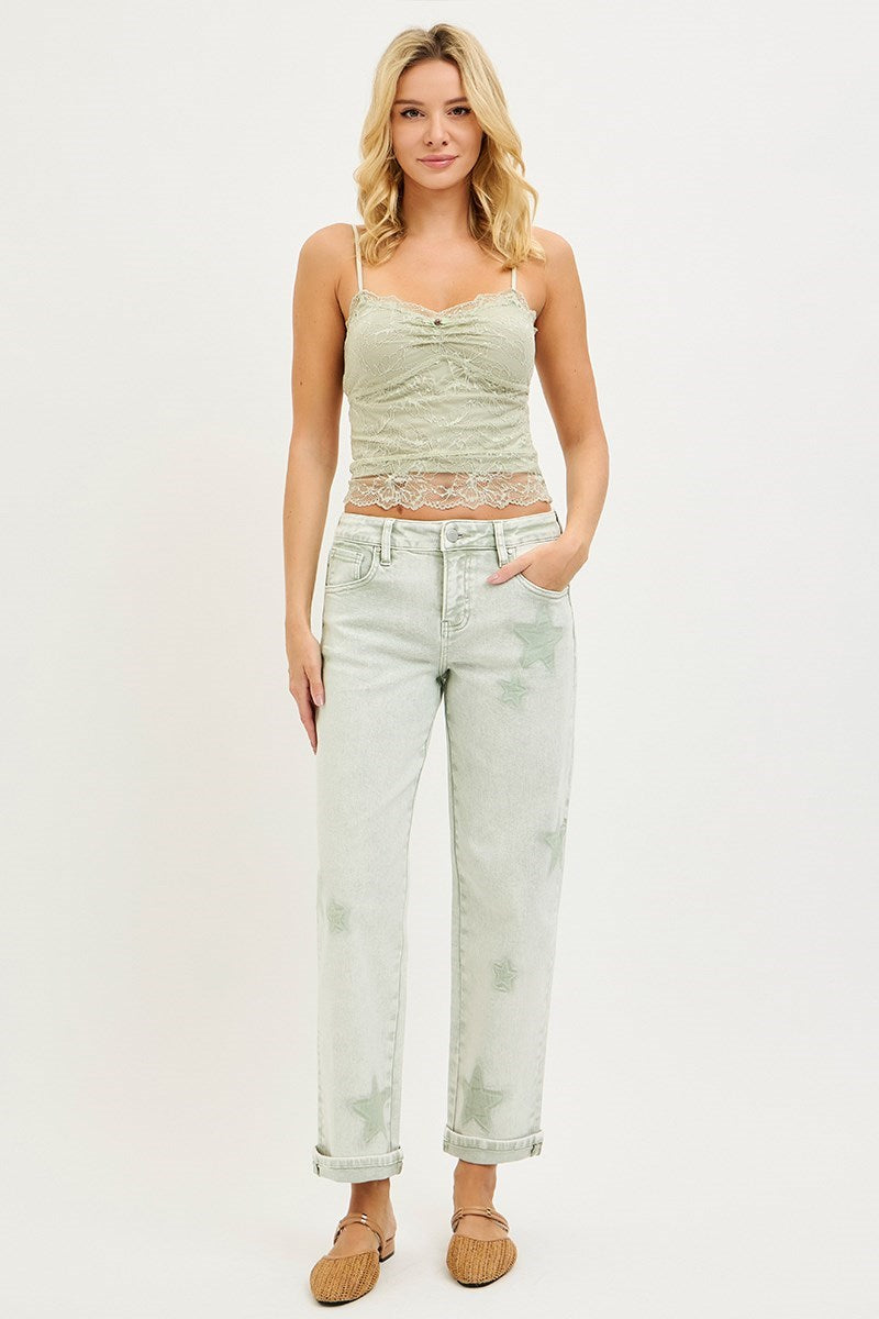 Risen Green Washed Star Stretchy Slim Barrel Boyfriend Jeans