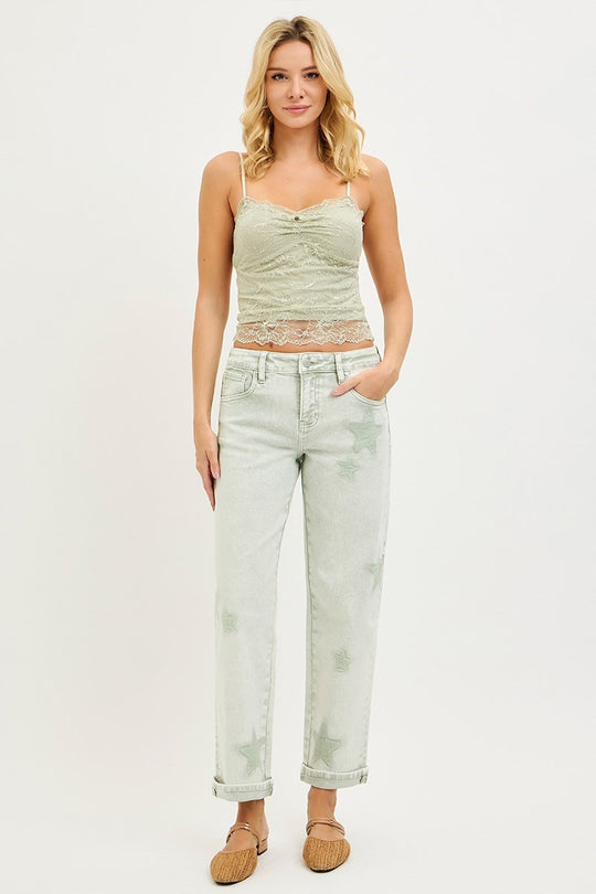 Risen Green Washed Star Stretchy Slim Barrel Boyfriend Jeans