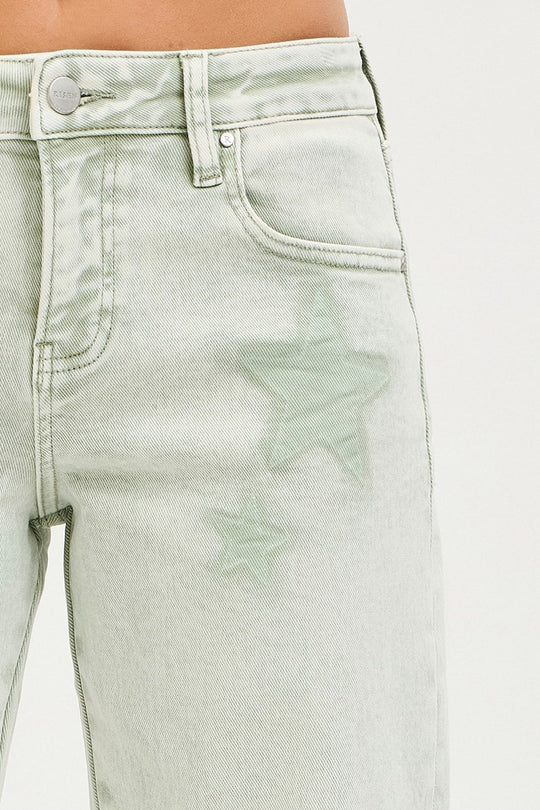 Risen Green Washed Star Stretchy Slim Barrel Boyfriend Jeans