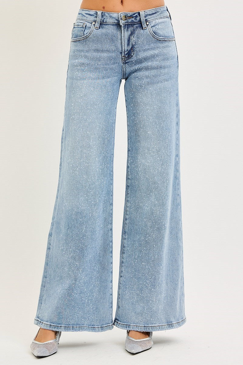Risen Sparkle Low Rise Wide Leg Jeans