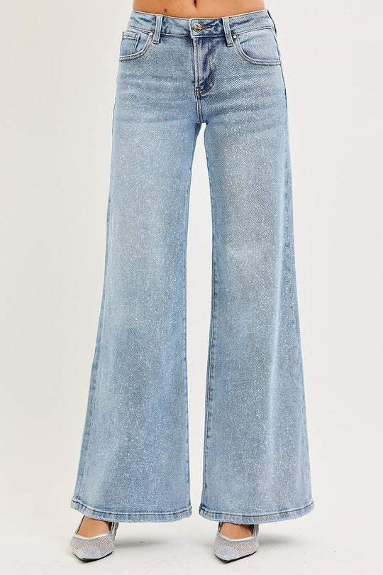 Risen Sparkle Low Rise Wide Leg Jeans