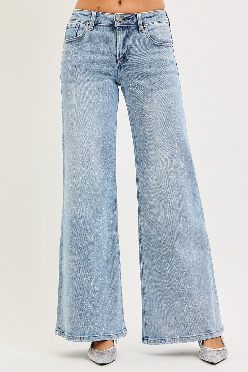 Risen Sparkle Low Rise Wide Leg Jeans