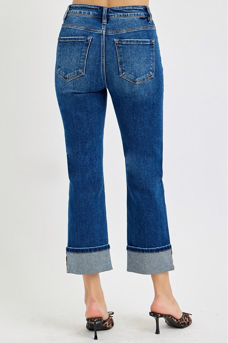 Risen High Rise Dark Ankle Straight Cuffed Jeans