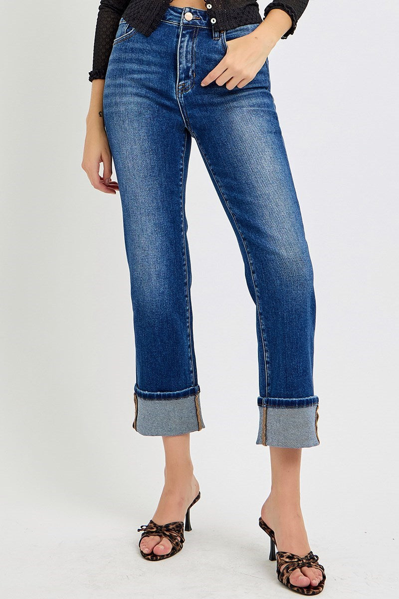 Risen High Rise Dark Ankle Straight Cuffed Jeans