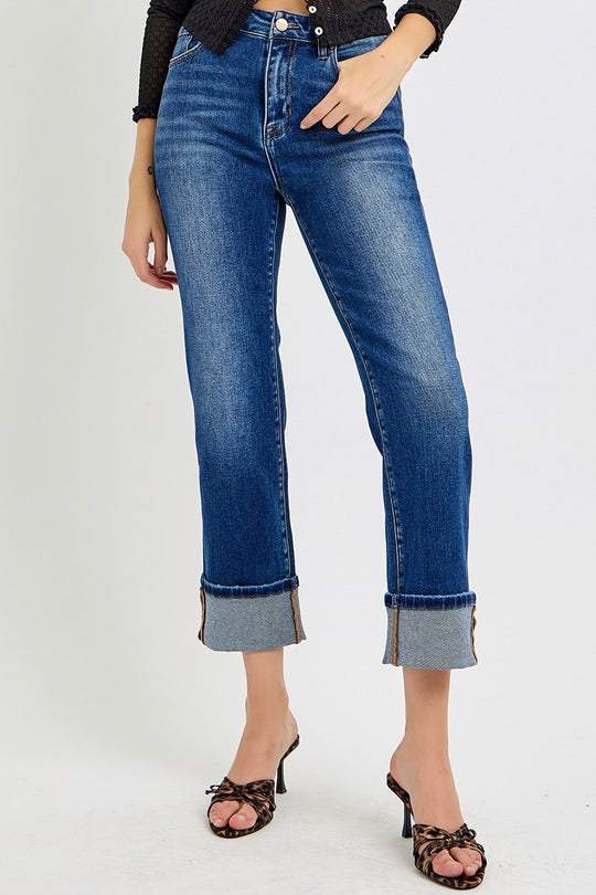 Risen High Rise Dark Ankle Straight Cuffed Jeans