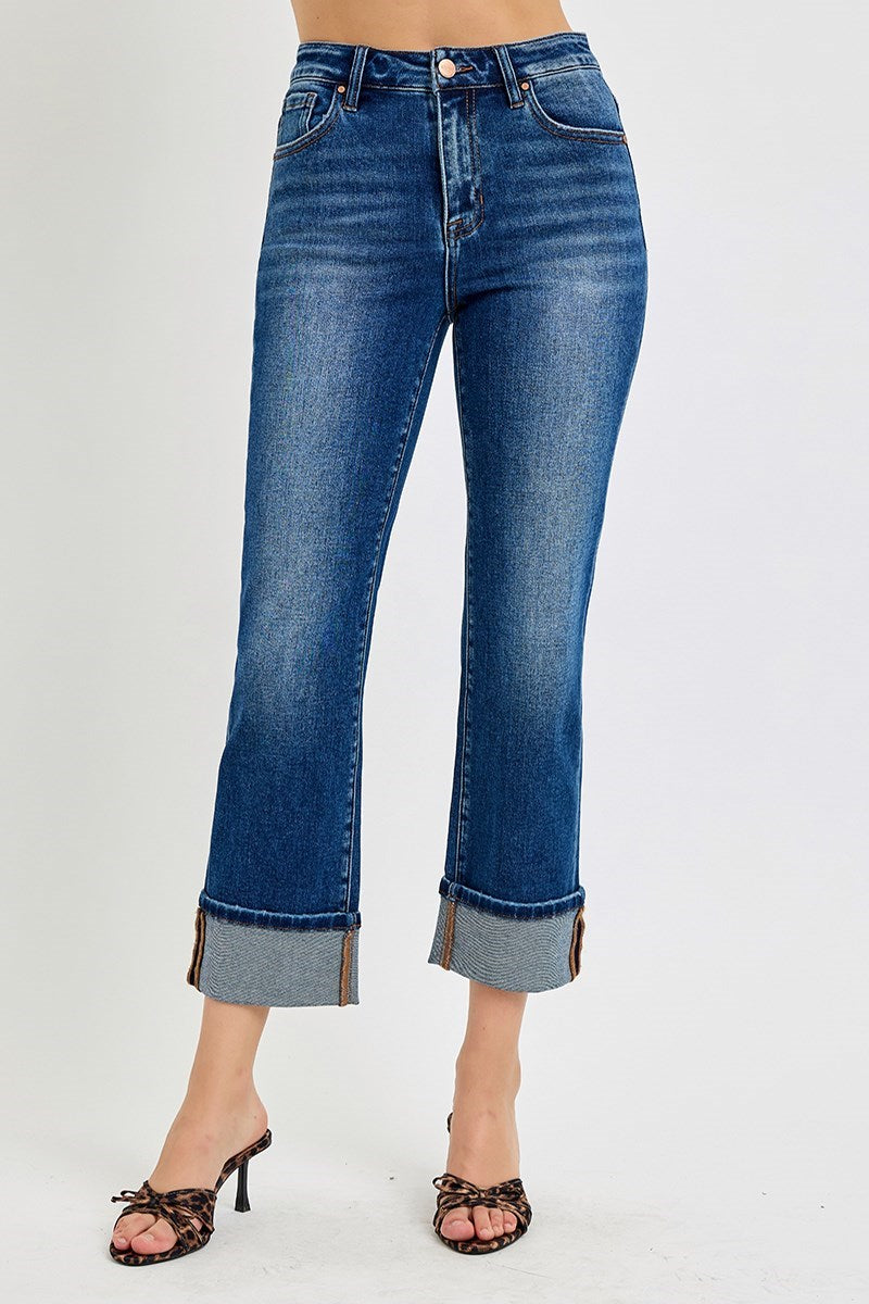 Risen High Rise Dark Ankle Straight Cuffed Jeans
