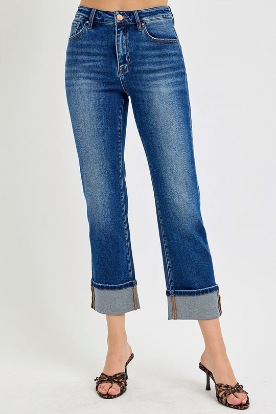 Risen High Rise Dark Ankle Straight Cuffed Jeans