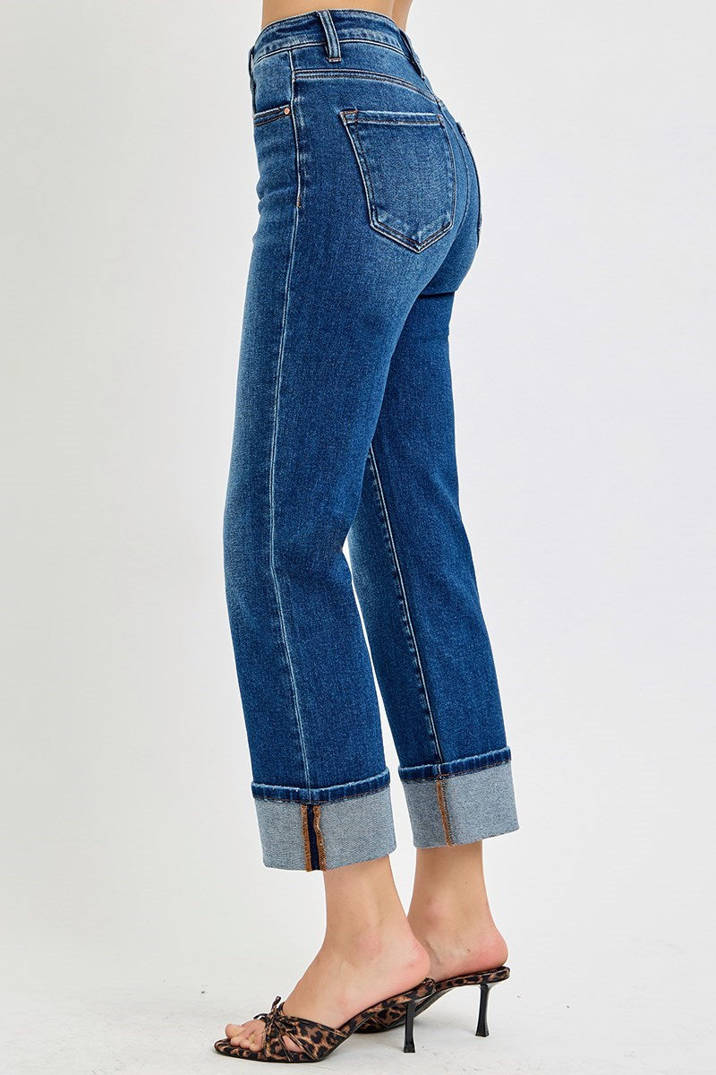 Risen High Rise Dark Ankle Straight Cuffed Jeans