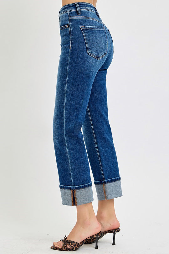 Risen High Rise Dark Ankle Straight Cuffed Jeans