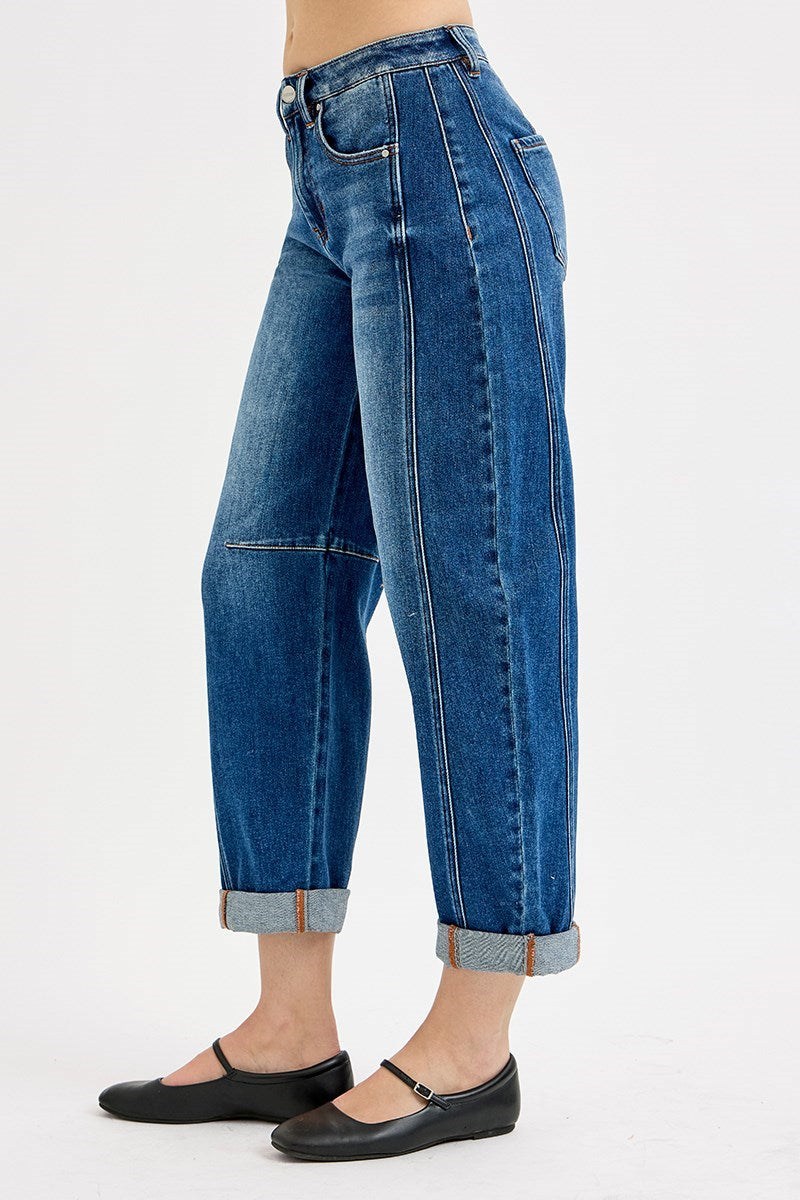 Risen High Rise Crop Barrel Dark Cuffed Jeans