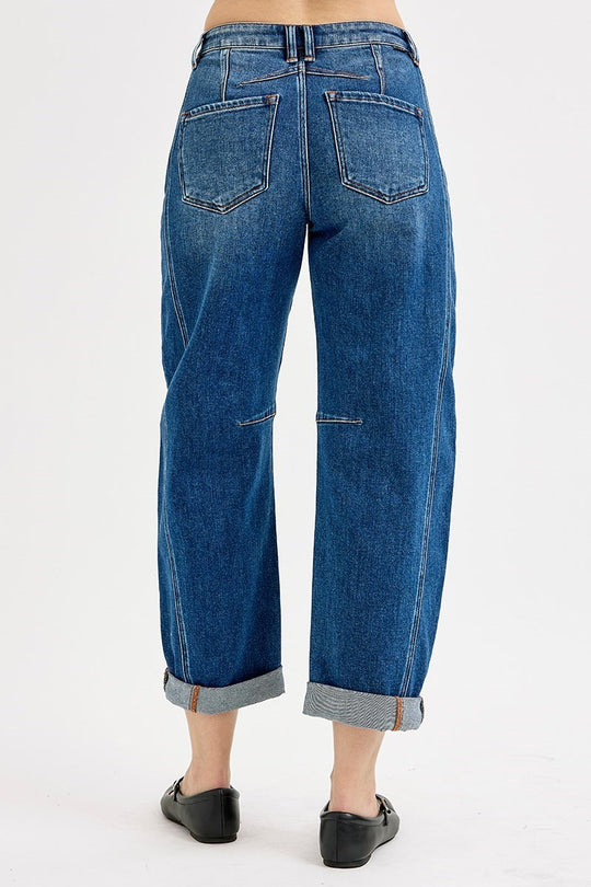 Risen High Rise Crop Barrel Dark Cuffed Jeans