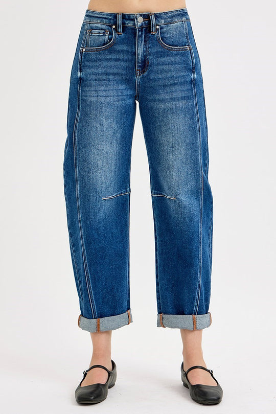 Risen High Rise Crop Barrel Dark Cuffed Jeans