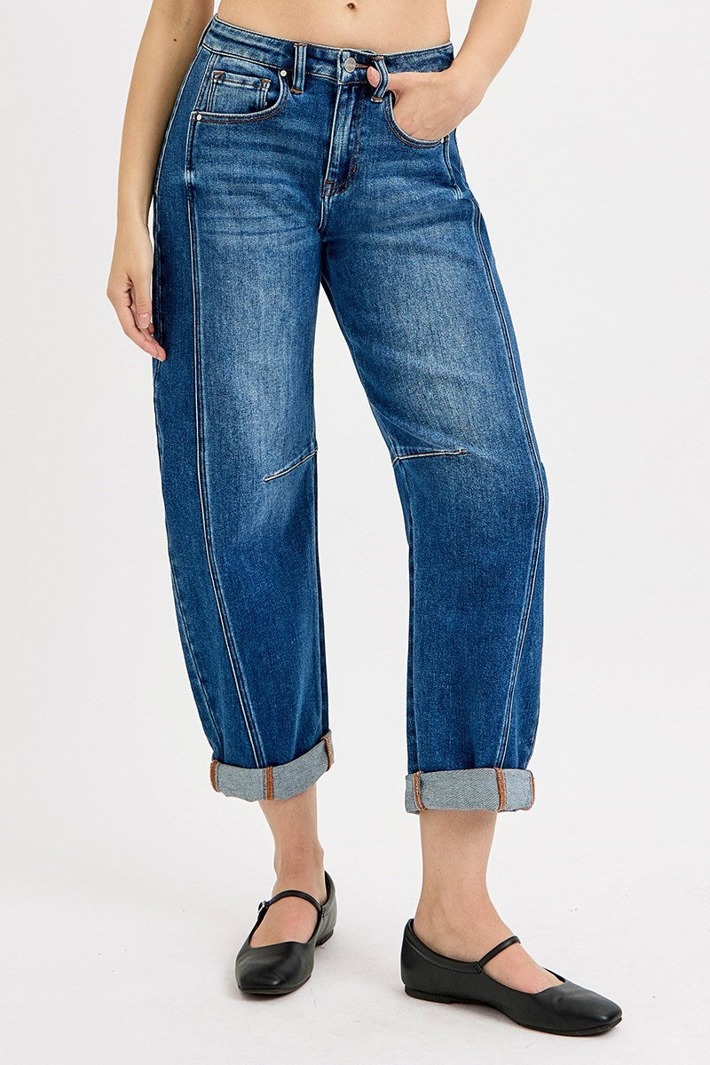 Risen High Rise Crop Barrel Dark Cuffed Jeans