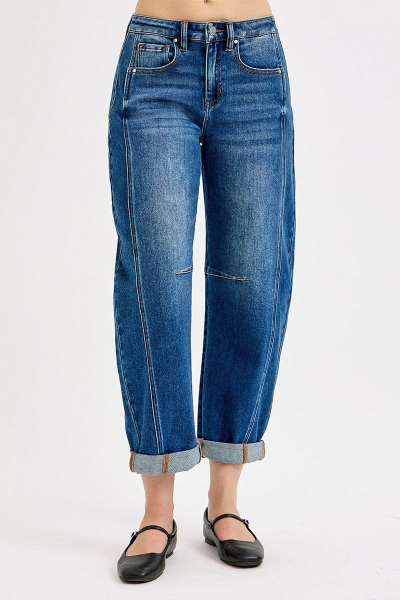 Risen High Rise Crop Barrel Dark Cuffed Jeans