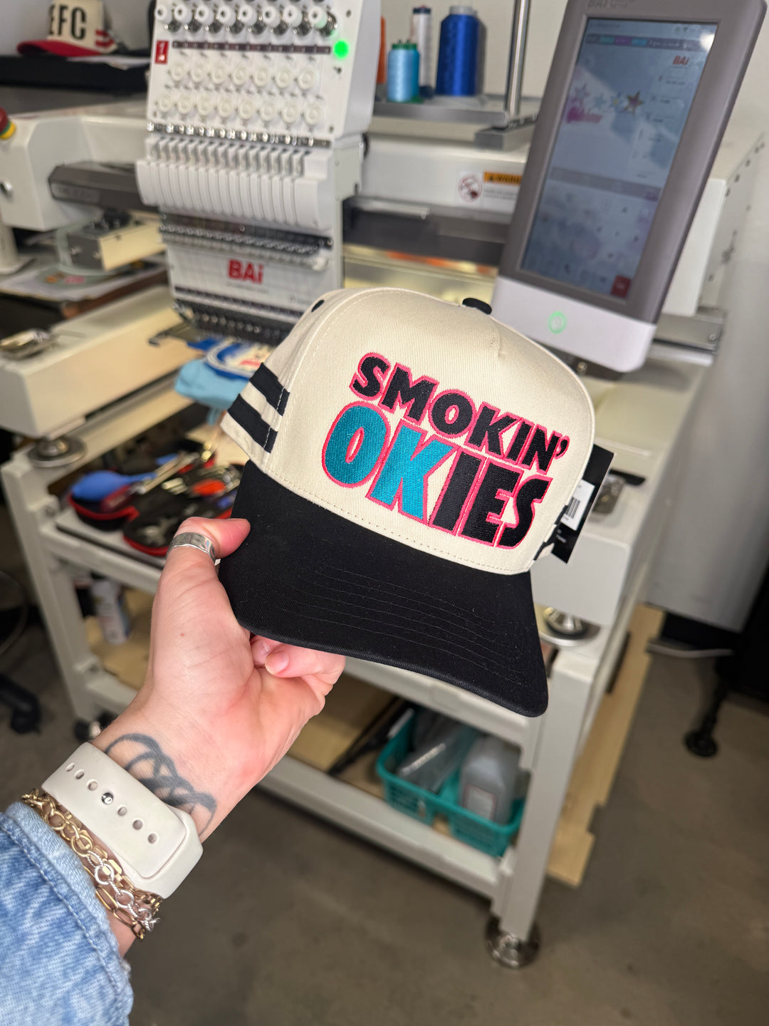 SMOKIN OKIES BLK SIDE STRIPE CUSTOM HAT