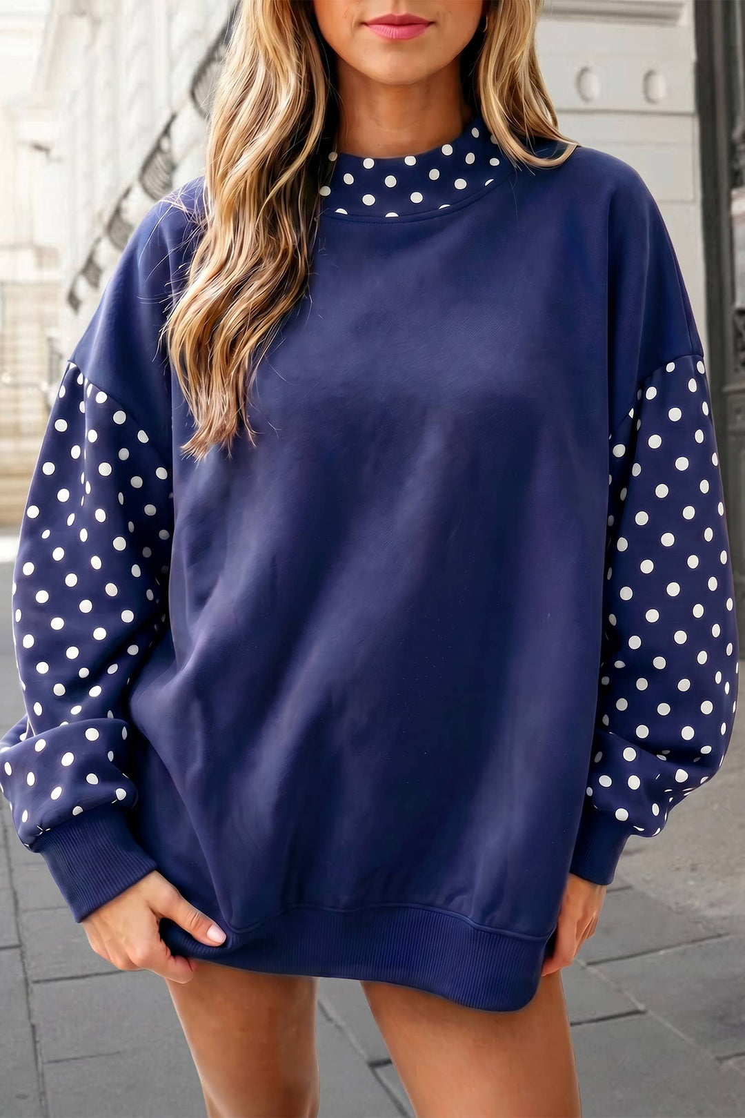 Polka dot print Patchwork Mock Neck Sweatshirt FW26 | S-XL: Evergreen / M