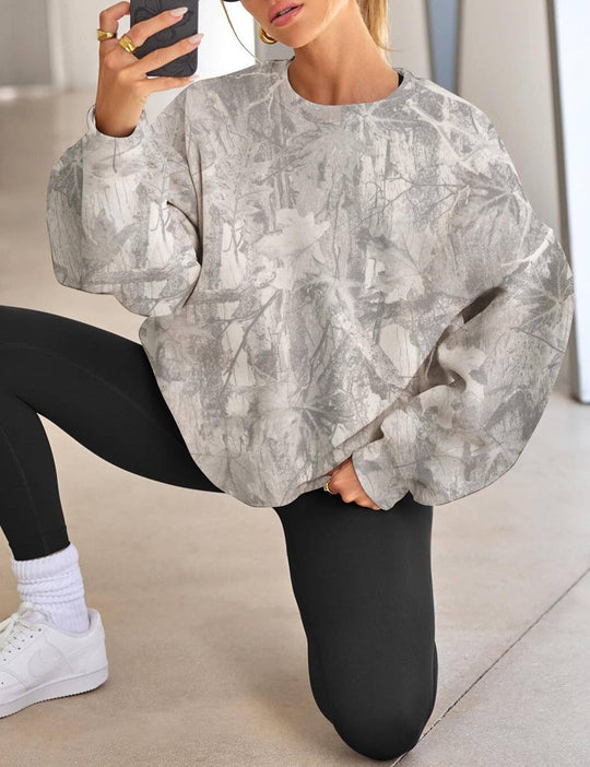 Camo Branch Print Oversized Crewneck Sweatshirt: Gray / 95%Polyester+5%Elastane / S