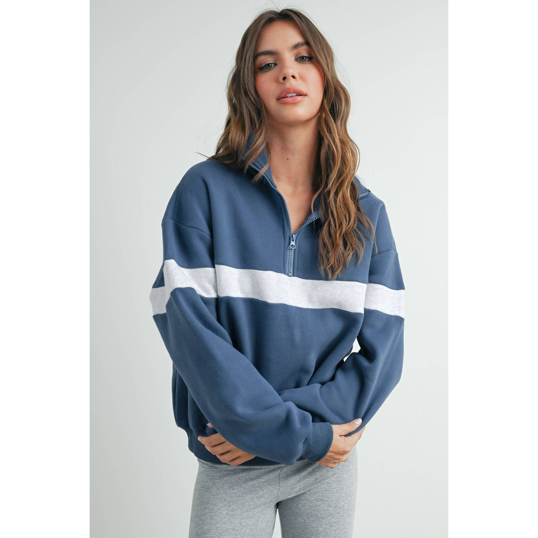 Two-Toned Half Zip Collar Sweatshirt - BMT7535: GREY / BLUE / L