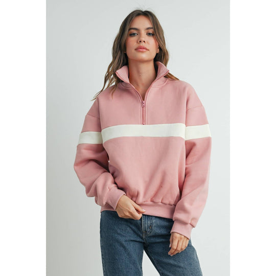 Two-Toned Half Zip Collar Sweatshirt - BMT7535: GREY / BLUE / L