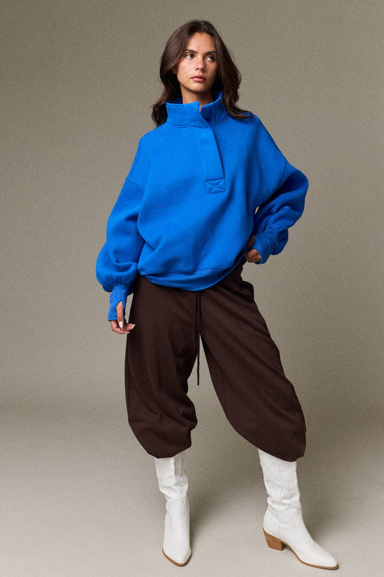 PT18729 - High Collar Half Button-Up Relaxed Fit Pullover: Red / S-M-L (2-2-2)