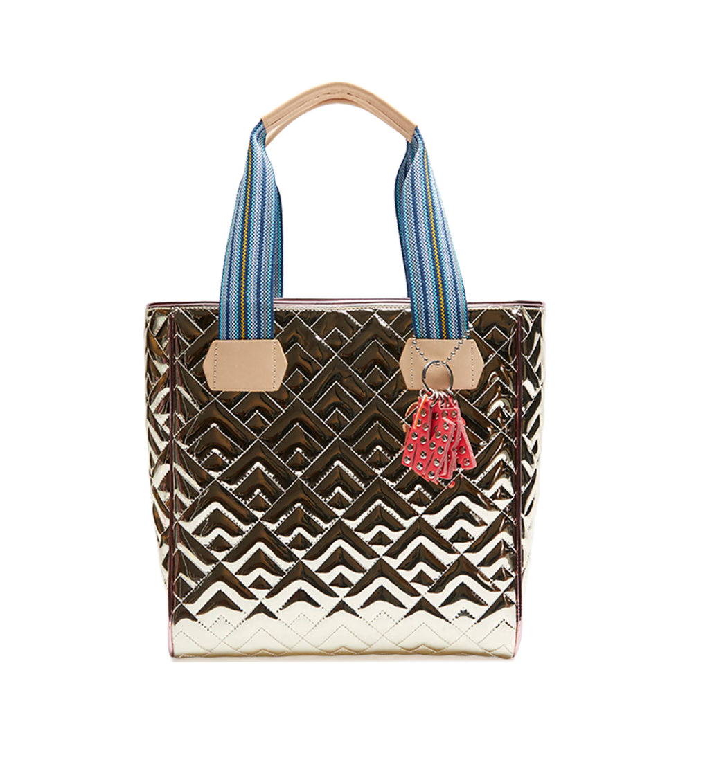 Consuela Evadney Classic Tote metallic gold geometric pattern bag with blue striped handles