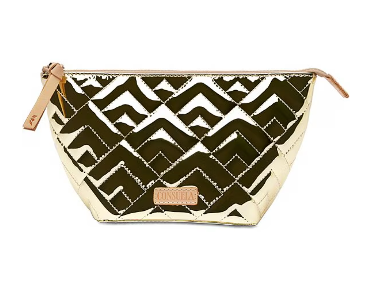 Consuela Evadney pouch with metallic gold quilted design and leather zipper pull