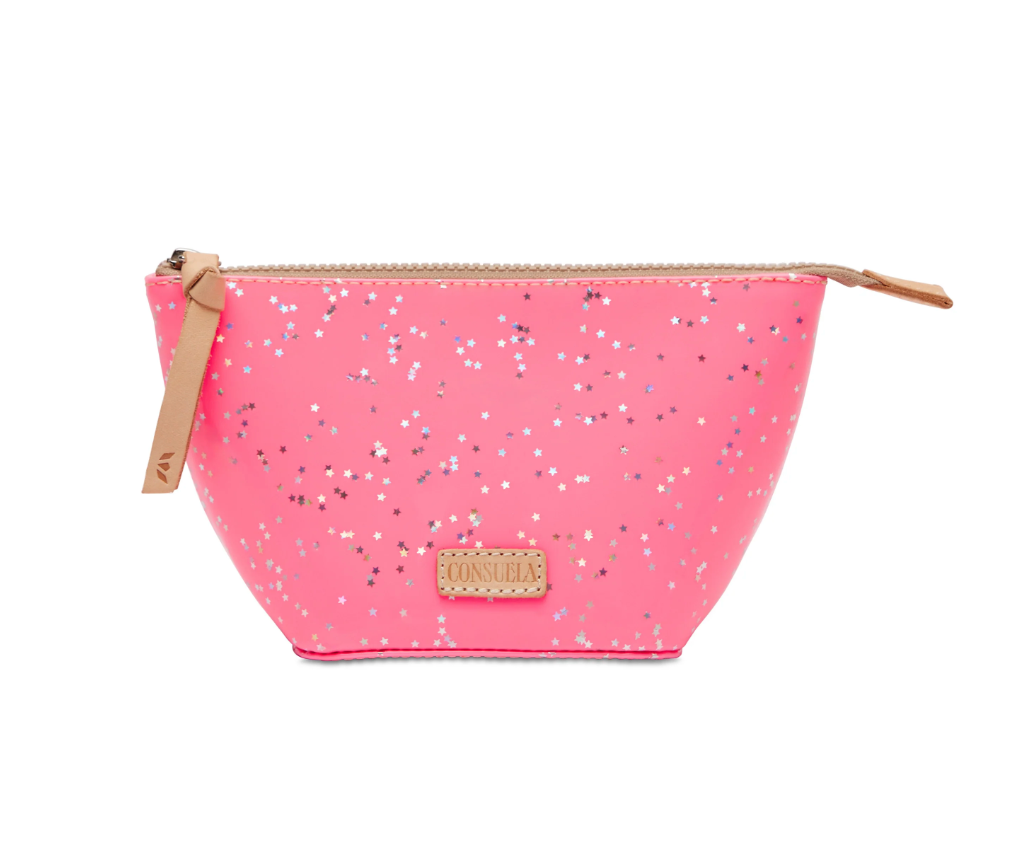 Consuela medium tool kit pouch in pink with silver glitter and tan zipper pull