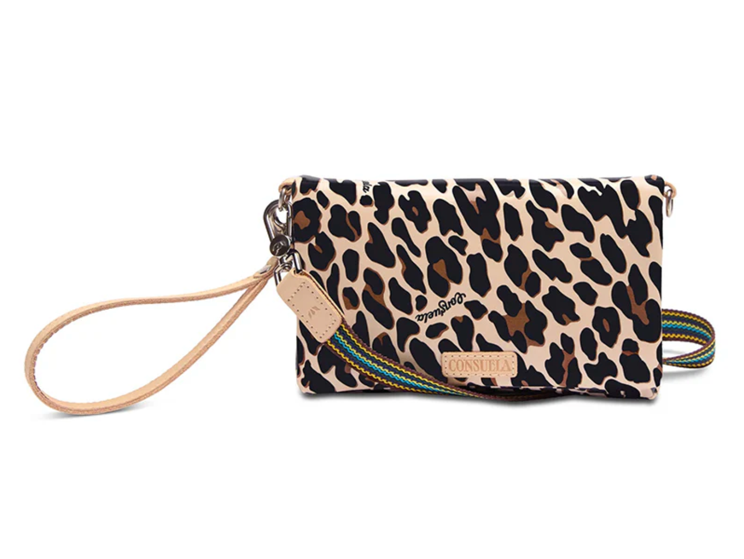 Consuela Mona Crossbody Bag with leopard print and detachable wrist strap in tan and black