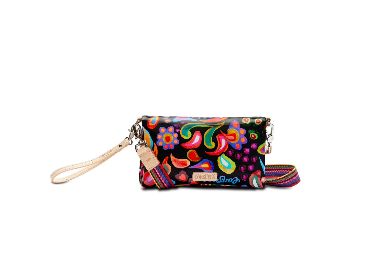 Consuela Sophie Crossbody Bag with colorful floral and paisley pattern and detachable wrist strap