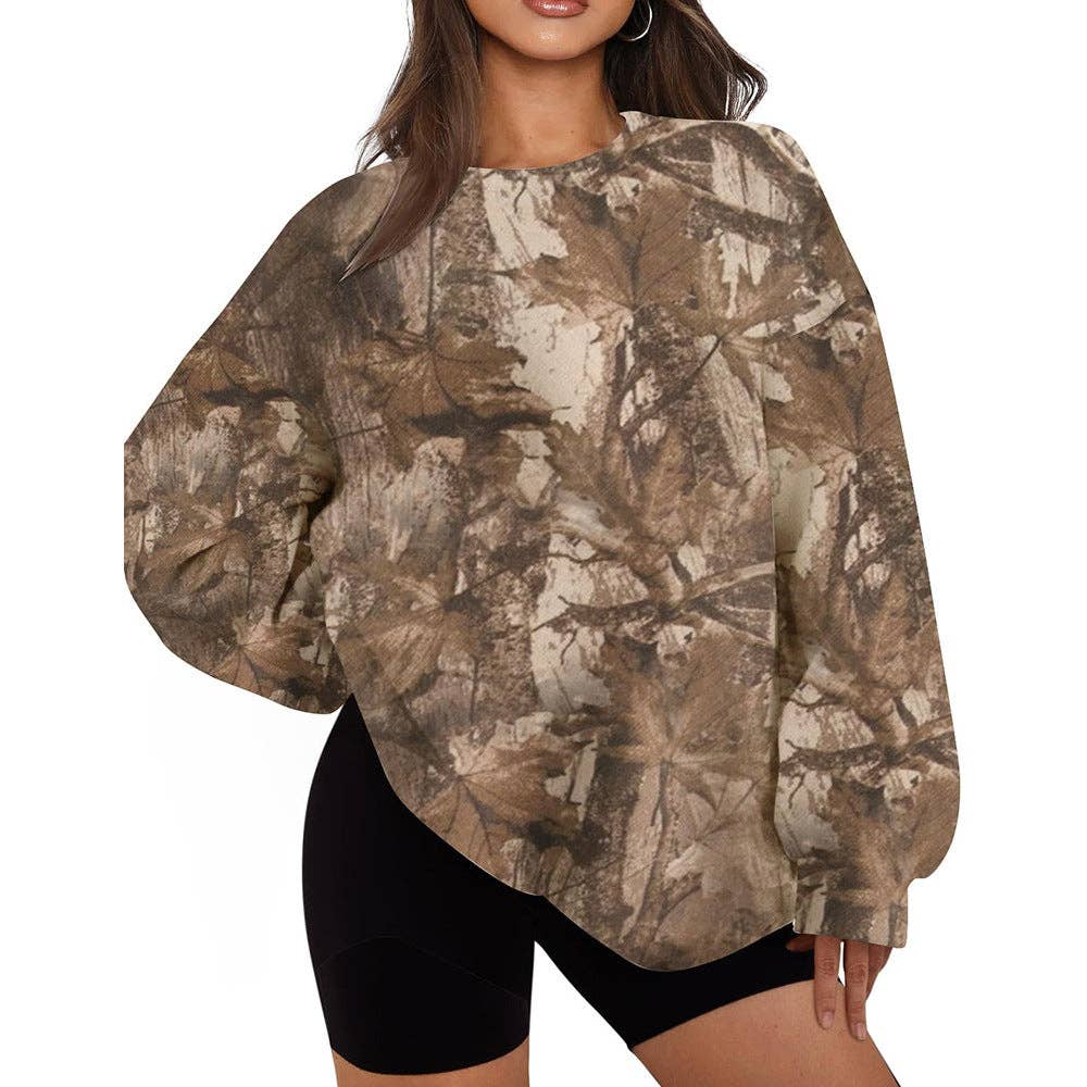 Camo Branch Print Oversized Crewneck Sweatshirt: Gray / 95%Polyester+5%Elastane / S