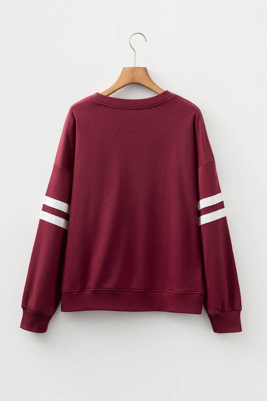 Varsity Stripe Drop Shoulder Oversized Women’s Sweatshirt: Fiery Red / 65%Polyester+35%Cotton / M