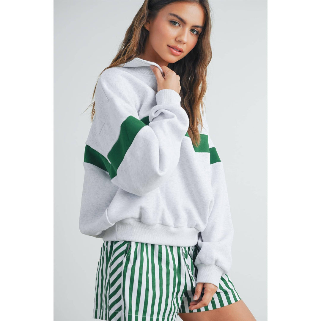 Two-Toned Half Zip Collar Sweatshirt - BMT7535: GREY / BLUE / M