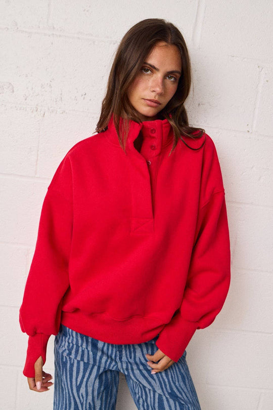 PT18729 - High Collar Half Button-Up Relaxed Fit Pullover: Red / S-M-L (2-2-2)