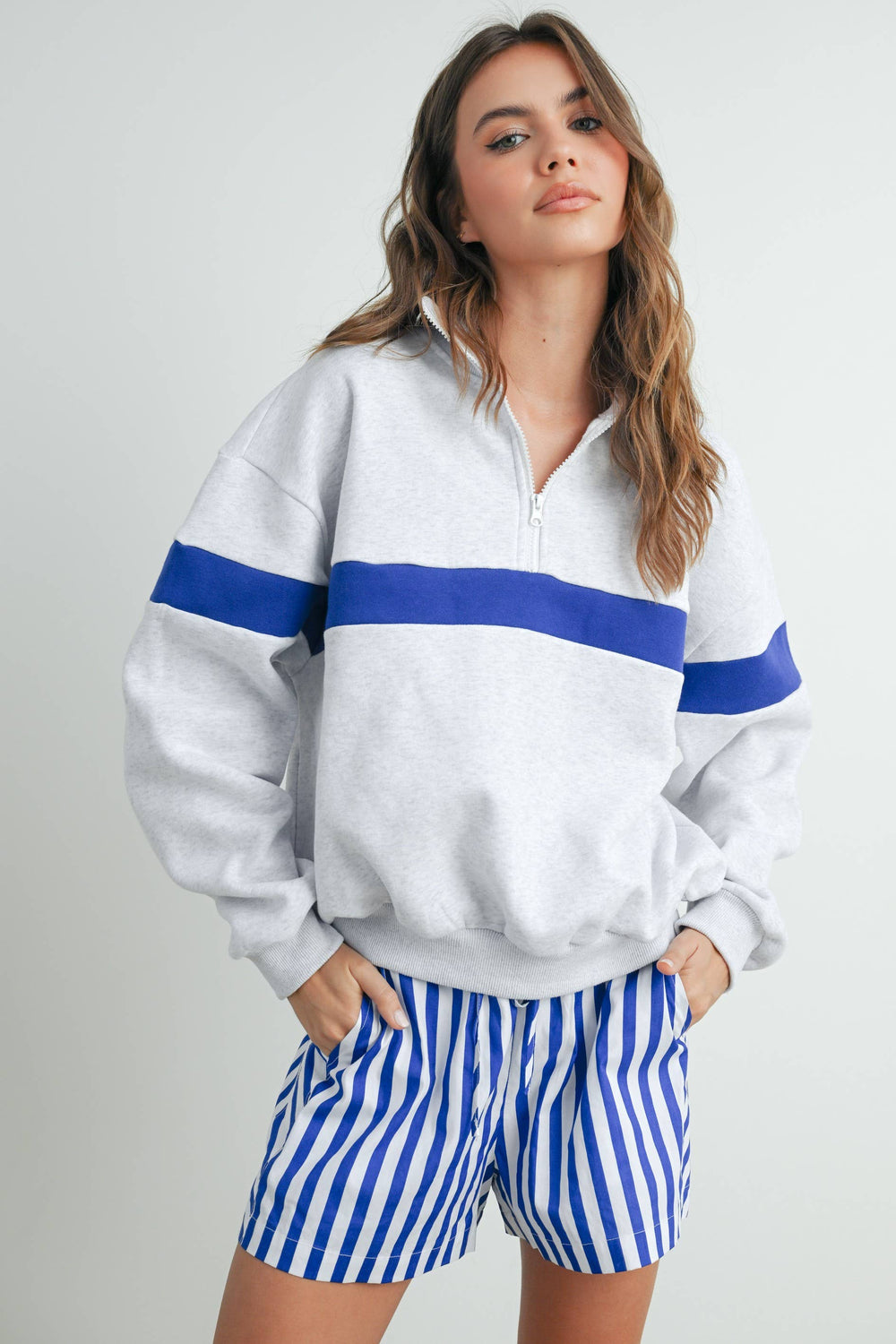 Two-Toned Half Zip Collar Sweatshirt - BMT7535: GREY / BLUE / L
