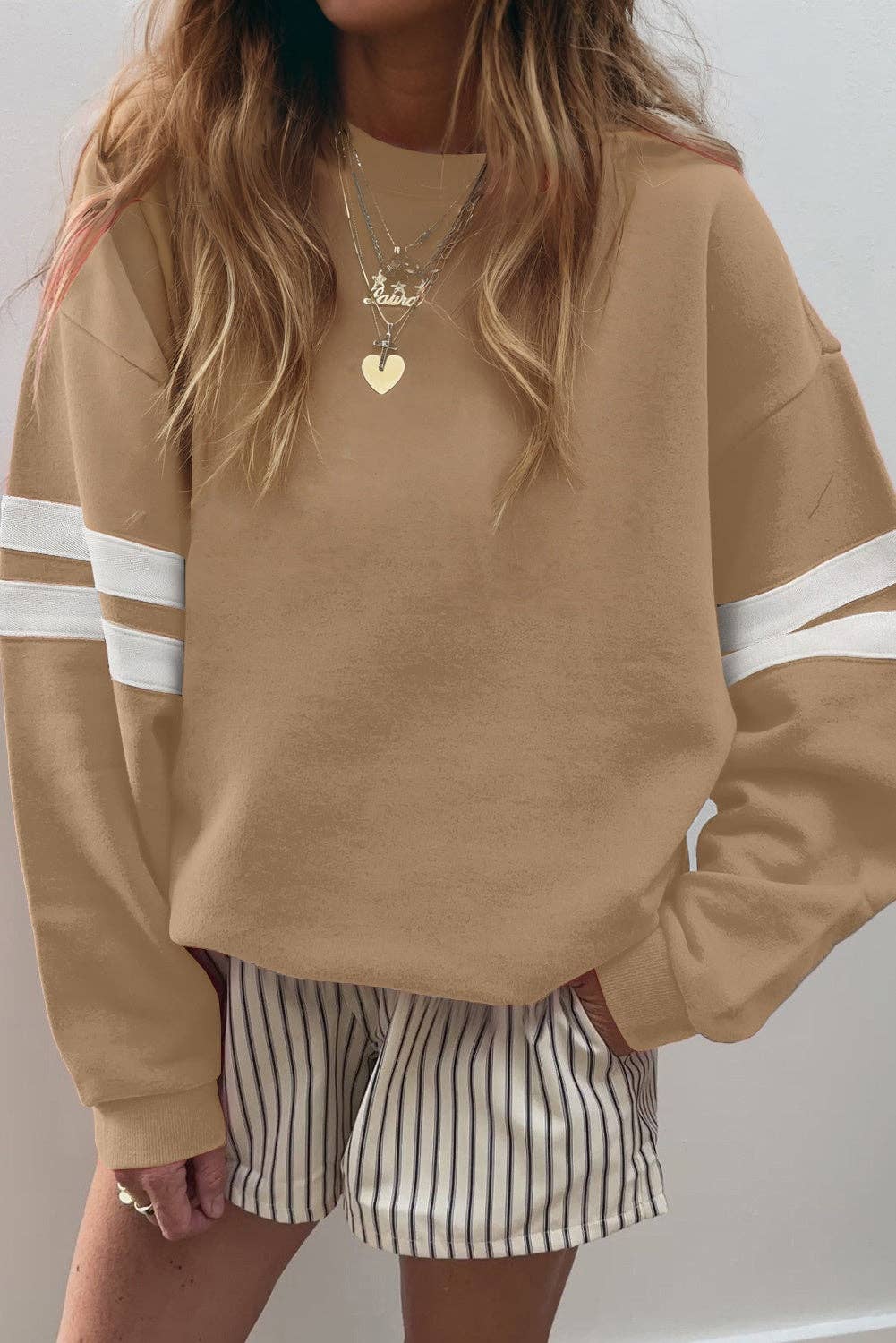 Varsity Stripe Drop Shoulder Oversized Women’s Sweatshirt: Fiery Red / 65%Polyester+35%Cotton / S