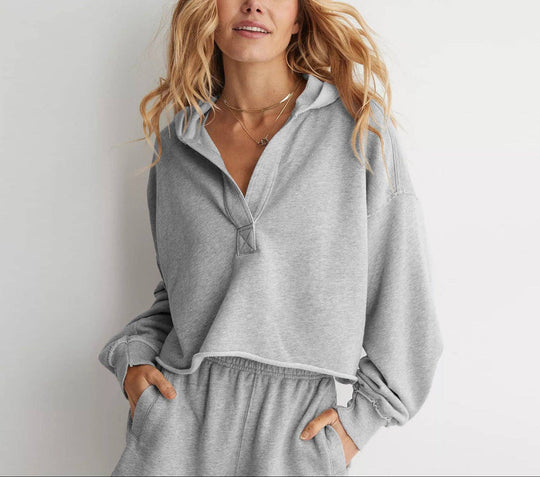 Oversized Hooded V Neck Sweatshirt Pullover Top: Dark Grey / L