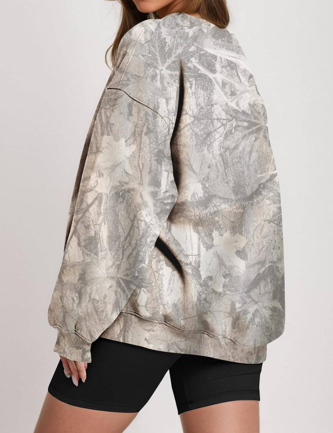 Camo Branch Print Oversized Crewneck Sweatshirt: Gray / 95%Polyester+5%Elastane / XL