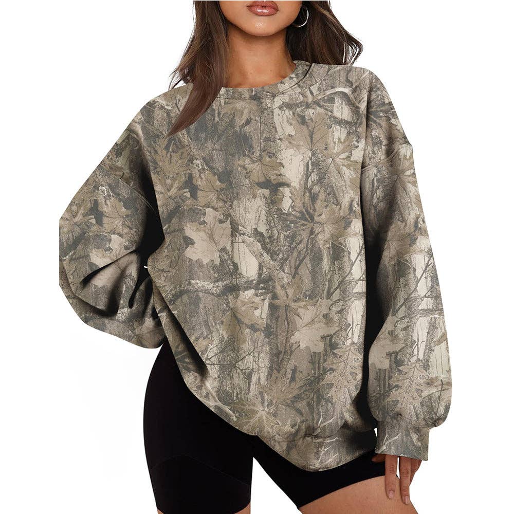 Camo Branch Print Oversized Crewneck Sweatshirt: Gray / 95%Polyester+5%Elastane / XL