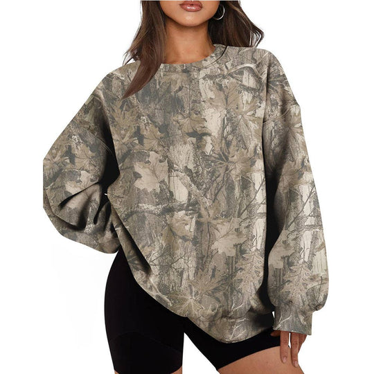 Camo Branch Print Oversized Crewneck Sweatshirt: Gray / 95%Polyester+5%Elastane / XL