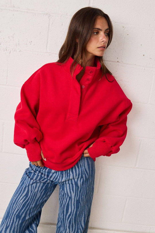 PT18729 - High Collar Half Button-Up Relaxed Fit Pullover: Red / S-M-L (2-2-2)