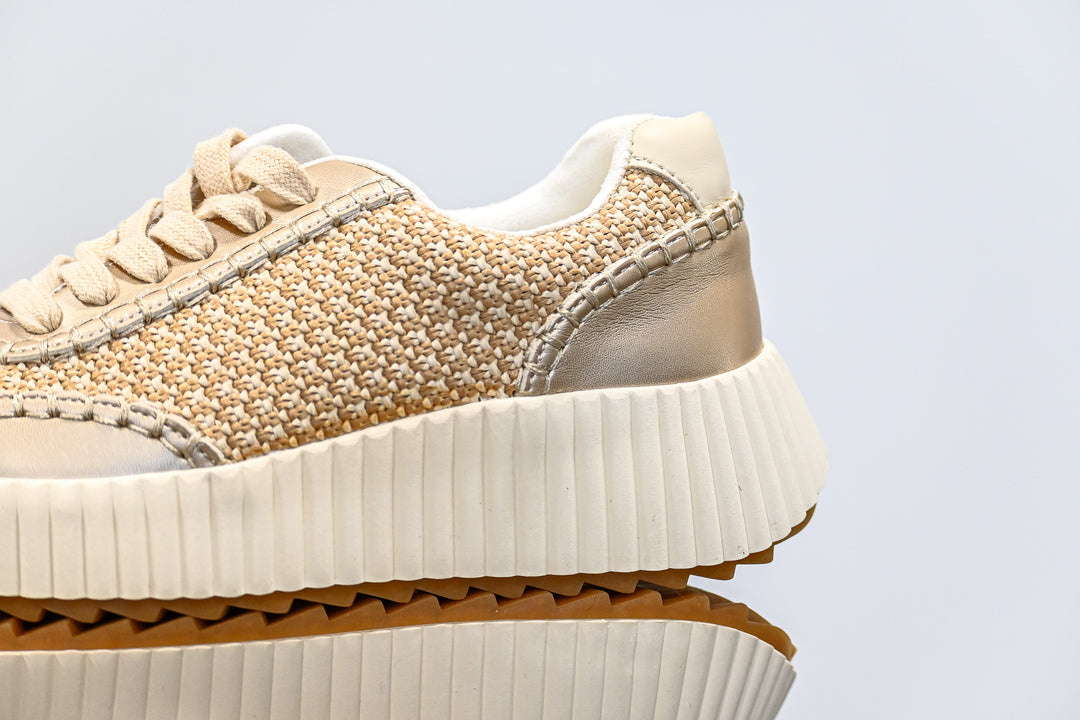 ShuShop beige and gold sneaker fashion with textured upper and thick white sole for stylish comfort