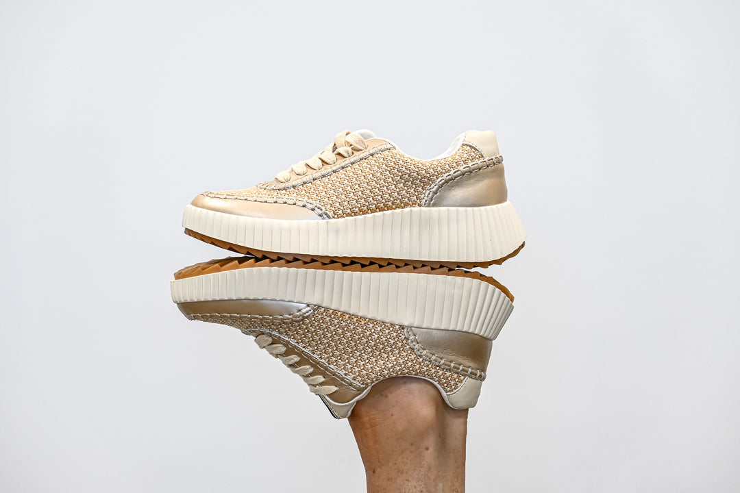 ShuShop stylish gold sneaker fashion with textured design and thick white sole for casual wear
