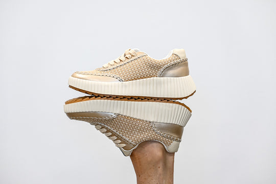 ShuShop stylish gold sneaker fashion with textured design and thick white sole for casual wear