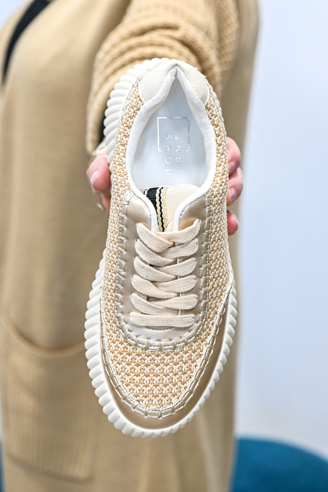 ShuShop beige and gold sneaker fashion with textured knit design and thick white sole