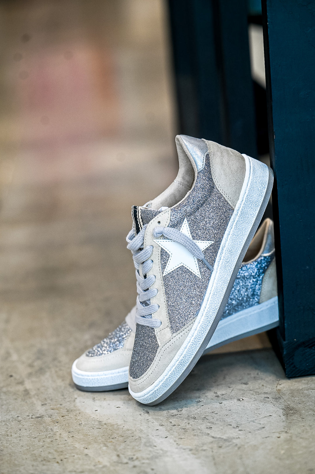 ShuShop Paz Glitter Sneaker in silver with white star detail and white sole for stylish casual wear